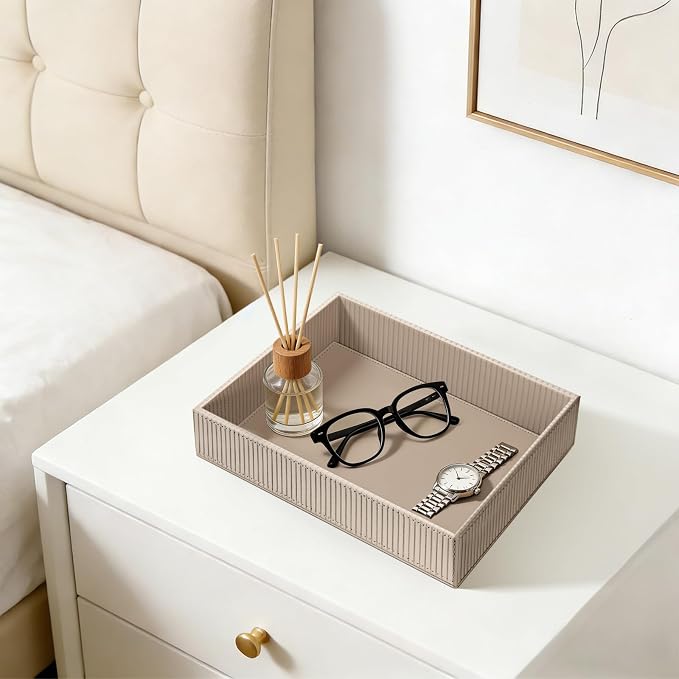 SITHON Valet Tray Desk Organizer PU Leather Catchall | Bedside Vanity Tray Nightstand Caddy Coin Box Key Jewelry Storage Organizer, Graduation, Stripe Latte