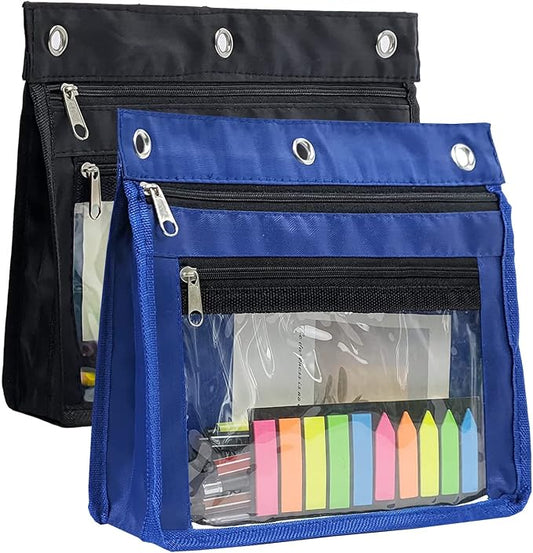 YoeeJob 2 Pack 1 Inch Expandable Zipper Pencil Pouches with Clear Window for 3 Ring Binder, Suitable for School & Office (Black+Blue)