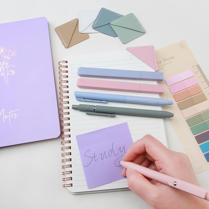 Tuhangcc 47PCS Aesthetic School Supplies, Cute Stationary Set Unique Color A5 Spiral Notebooks Highlighters, Sticky Notes & Bookmark Sticky Index Tabs 5 Gel Pen for Work Office Supplies (Purple)