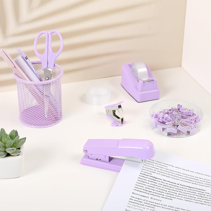 SKYDUE Purple Desk Accessories, Purple Office Supplies Set, Stapler, Tape Dispenser, Scissors, Binder/Paper Clips and 1000pcs Staples,Office Supplies for Women