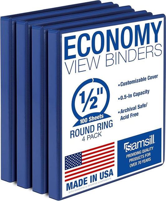 Samsill 0.5 Inch 3 Ring Binder, Economy Round Ring, Clear View Cover, 100 Sheet Capacity - for School, Home, Office - Blue, 4 Pack