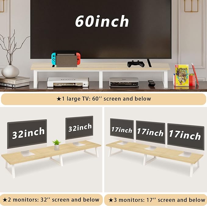 TEAMIX 42 inch Large Dual Monitor Riser, Desk Organizer Stand for TV Laptop | Extra Long Stand for 2 Monitors, Wood & Metal TV Riser, Holds 300lbs, Keyboard & PS5 Storage, For Home Office & Gaming