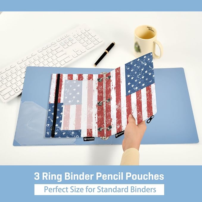 ALAZA Pencil Pouch for 3 Ring Binder, Blue Red White Grunge American Flag Binder Pencil Pouches with Clear Window Zipper Pencil Case Cosmetic Bags for Office College Supplies, 2PCS