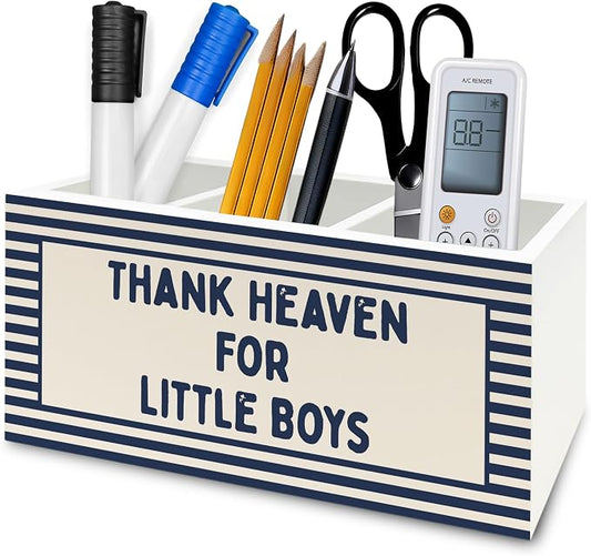 Christian Nursery Kids Pen Pencil Holder Organizer for Desk, Thank Heaven for Little Boys Blue Striped Wooden Box Signs Decorations for Boys Room Bedroom Playroom Desk Tabletop