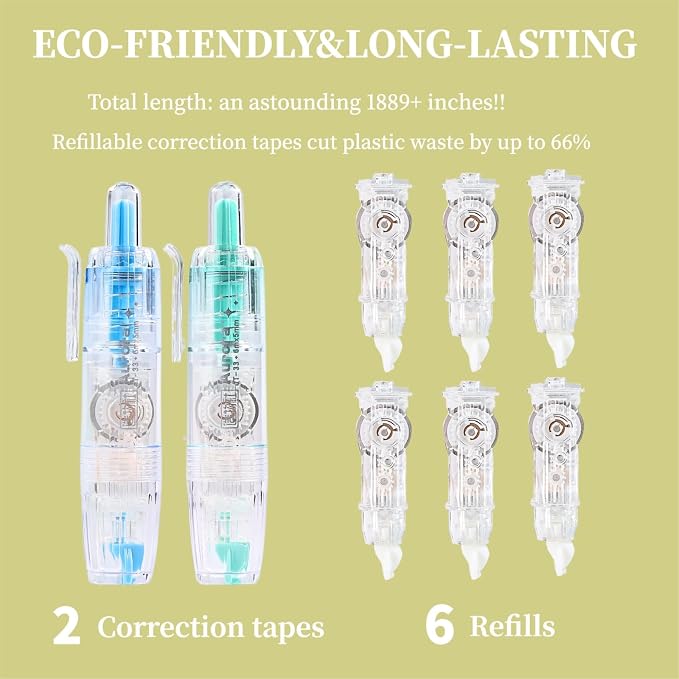 Refillable Correction Tape, 157 ft Total – 2 Pre-Filled Dispensers + 6 Snap-In Refills, School & Office, Blue+Green