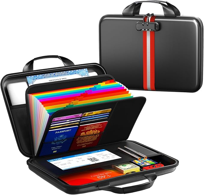 Fireproof Document Organizer with Lock, Rigid EVA File Box with 13-Pocket Accordion Folder for Important Documents & Tablets under 11", Lightweight Safe Storage for Home, Office & Travel (Small Size)
