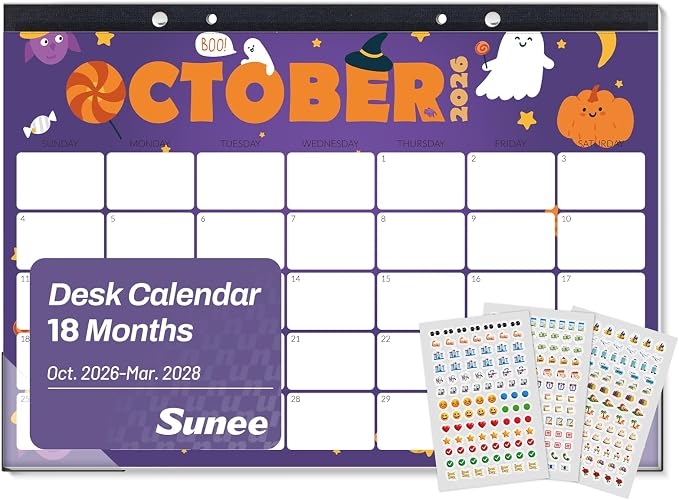 SUNEE Desk Calendar 2027 - 17" x 12" Desk Pad Calendar, 18-Month Monthly Planner Oct. 2026 - Mar. 2028, Desktop Calendar with 308 Planner Stickers, Plastic Protective Corners for Office, School and Home, Cute