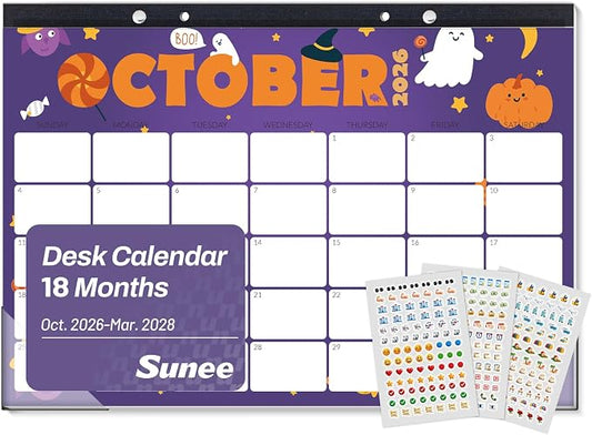SUNEE Desk Calendar 2027 - 17" x 12" Desk Pad Calendar, 18-Month Monthly Planner Oct. 2026 - Mar. 2028, Desktop Calendar with 308 Planner Stickers, Plastic Protective Corners for Office, School and Home, Cute