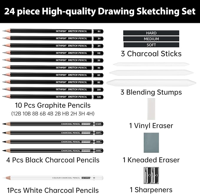 GETHPEN Drawing Sketching Pencil Set,Graphite 12B-4H Charcoal Pencils,24Pcs | Sketch Drawing Kit, Black and White Charcoal Pencils,Stumps,Eraser,Sharpeners, Sketching, Shading, Artist Charcoal Supplies