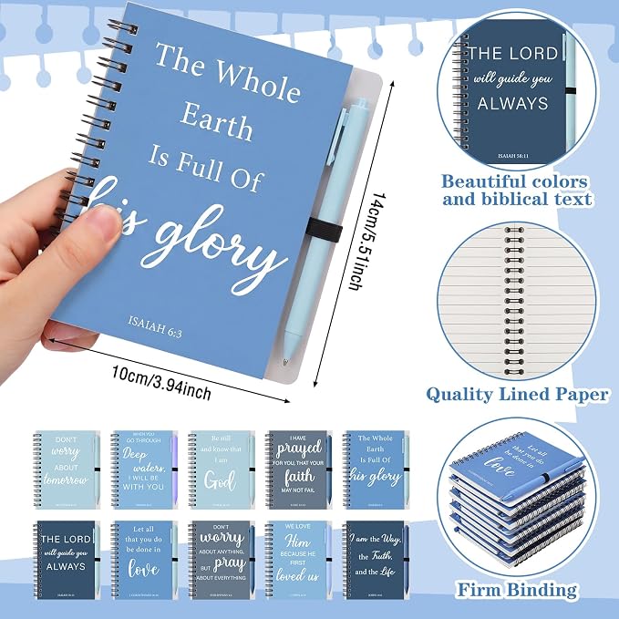 10 Set Christian Gifts Bulk Include Spiral Notebook and Bible Verse Ballpoint Pen Prayer Journal Religious Scripture Notepad for Church Sunday School Men Women Teacher