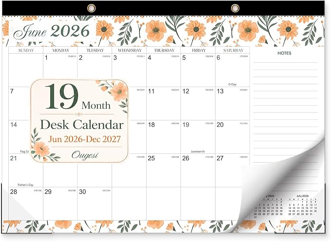 Desk Calendar 2026-2027 - Ougesi 19 Month Desk Top Calendar June 2026 - Dec 2027,17x12 Academic Desk Calendar with Thick Paper, Large Blocks for Home & Office (Floral)