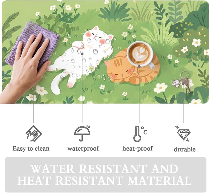 Cat Kitten Grassland Leather Desk Mat Extended Gaming Mouse Pad | Non-slip Large Writing Pad Laptop Blotter Computer Keyboard Mat | Cute Kawaii Desk Protector for Home Office 23.6" x 11.8"
