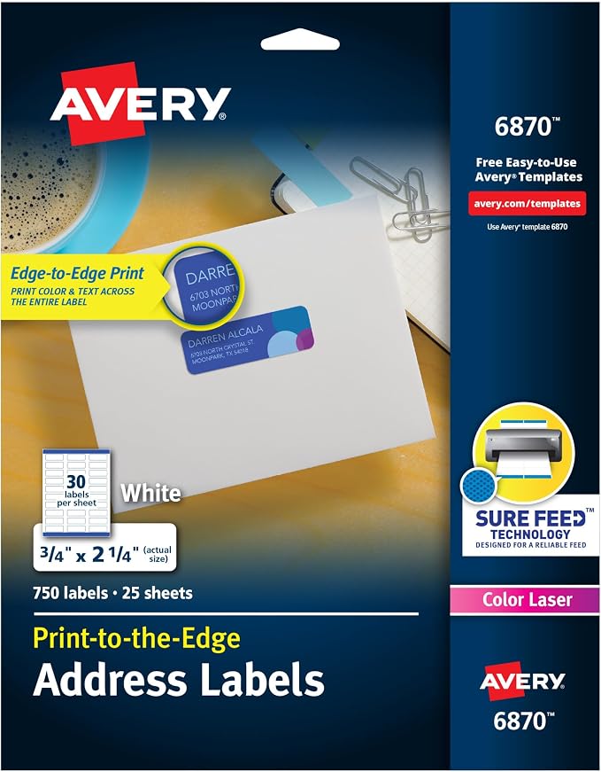 Avery Print-to-the-Edge Printable Address Labels, 0.75" x 2.25", Matte White, Sure Feed Technology, Laser & Inkjet Printable, 750 Blank Labels, Great for Mailing, Branding, and More (6870)