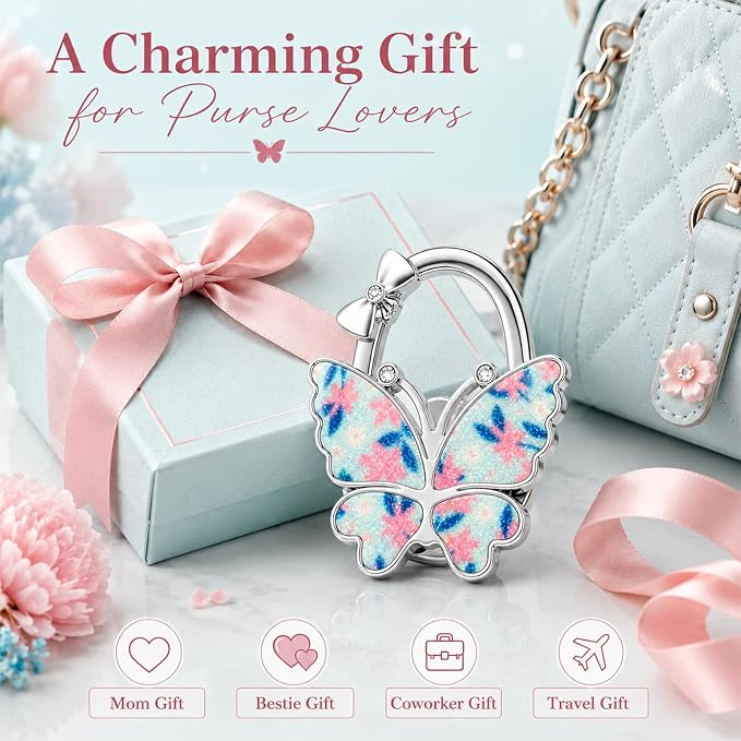 Purse Hook for Table, Foldable Handbag Hanger for Women, Portable Bag Holder with Non-Slip Base, Cute Flower Blue Glitter Butterfly Purse Table Hook for Restaurant Office Travel Gift