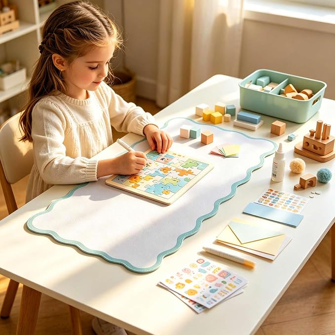 Yuboo Teal Scalloped Desk Mat for Women, 31"x15.7" Cute Waterproof Washable Non Slip Large Keyboard Mouse Pad, Cottagecore Aesthetic Desktop Pad for Gaming Office Dorm Desk Decor