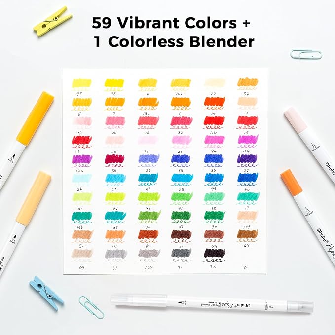 Ohuhu Adult Coloring Book Markers Paper-friendly Water-Based 60 Colors-Pupe | Coloring Markers No Peeling Dual Brush Fine Tips Ohuhu Markers No Bleeding Drawing Pens for Kids Adults Beginner Calligraphy