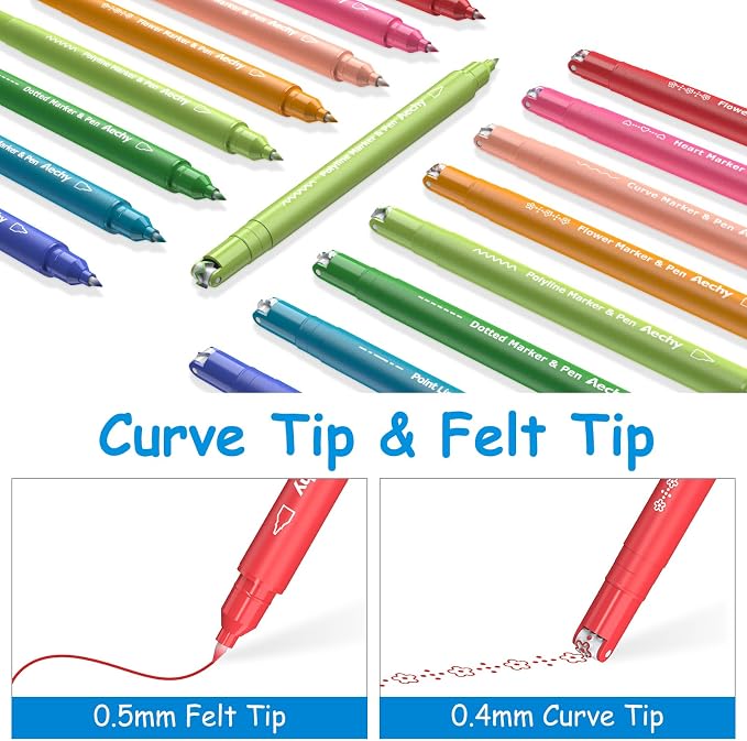 AECHY 8Pcs Dual Tip Pattern Marker Pens, 8 Colors, 6 Curve Shapes Designs | Colored highlighter pens with pattern roller and writing tip for Bullet Journal, Note Taking, Scrapbook, School Supplies