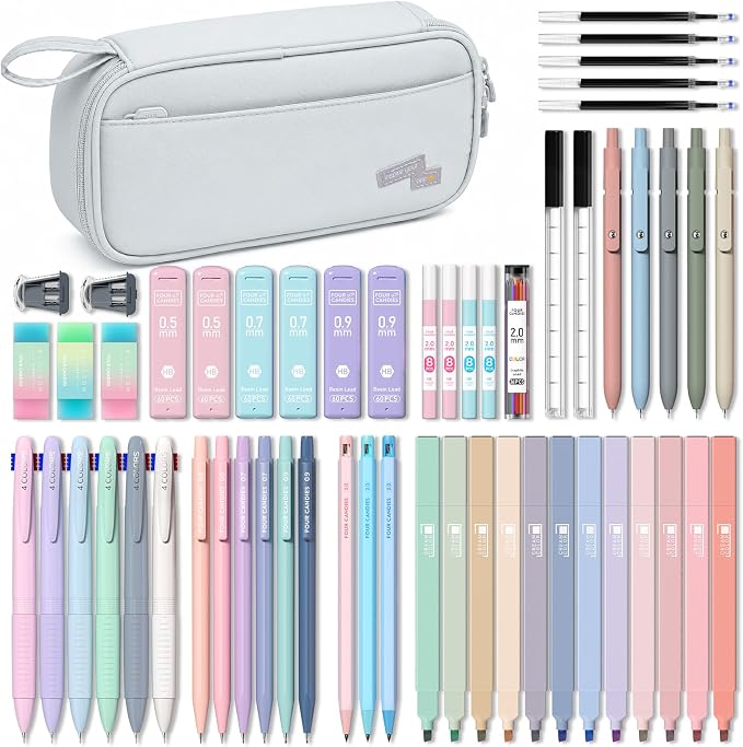 Four Candies 56 PCS Aesthetic School Supplies with Pencil Case (Grey) | 6 Multicolor Pens, 12 Pastel Highlighters, 5 Black Gel Pens, 9 Mechanical Pencils, Student Stationery Set College Essentials