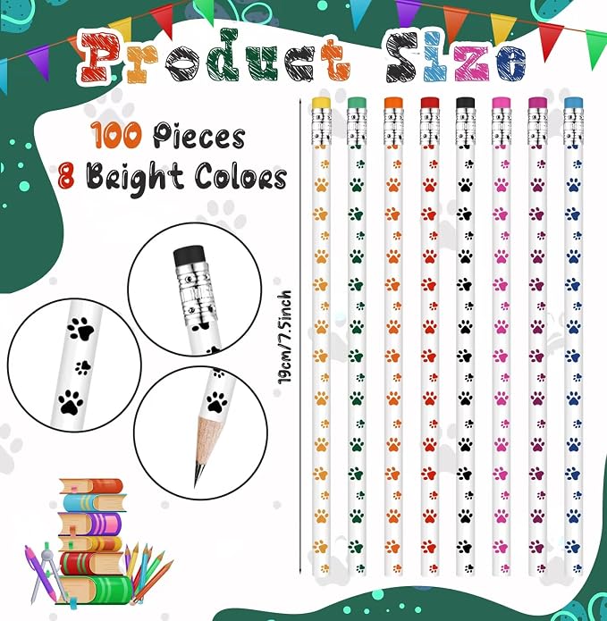 Weecent 100 Pcs Paw Print Pencils Paw Kids Patrol Pencils Wooden Writing Novelty with Erasers Doggy Party Favors Prizes School Supplies for Kids, 8 Colors
