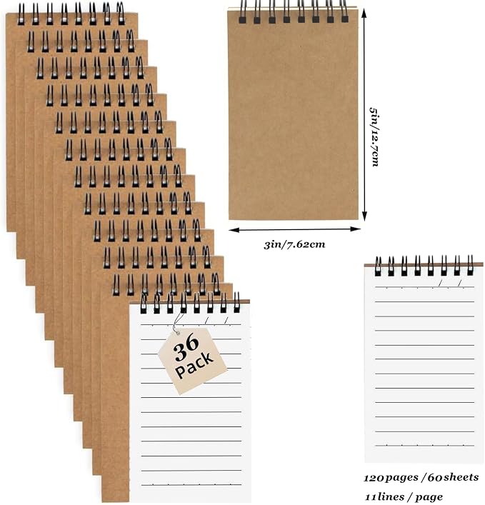 36 Pack Pocket Notebooks, 3x5 Inch 60 Sheets/120 Pages 9MM Wide Ruled‌ Mini Kraft Spiral Notebook, Small Notepads, Top Bound Pocket Size Note Pads With Lined Pages,Memo Pads For Home,School,Office(36)