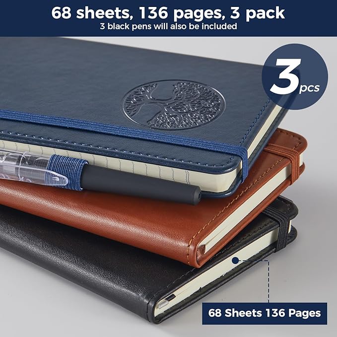 NIRMIRO (3 Pack) Small Journal Pocket Notebook with Pen, A6 (3.7" x 5.7"), for Men Women Work, Writing, Travel, Business