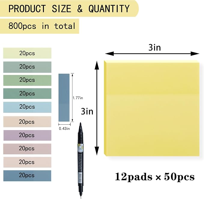 YOUDEFUL 800Pcs Transparent Sticky Notes, Morandi Yellow Clear Sticky Notes, 3"x3" Waterproof Translucent Sticky Note Pads, Index Tabs, Clear Post it Notes for Bible Study, See Through Sticky Notes