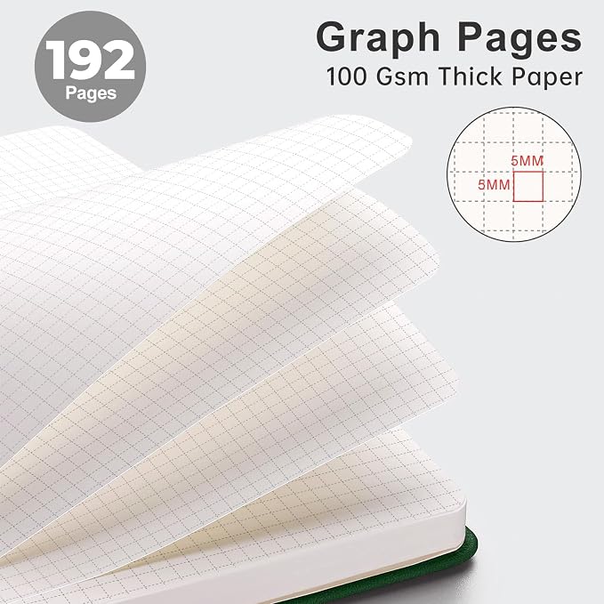 AHGXG Graph Grid Paper Notebook, 192 Pages, A5 Medium Size (5.7'' x 8.3'') | 5 Squares per Inch, Leather Hardcover, 100 GSM Thick Paper, for School, Students, Math, Engineering (Black)