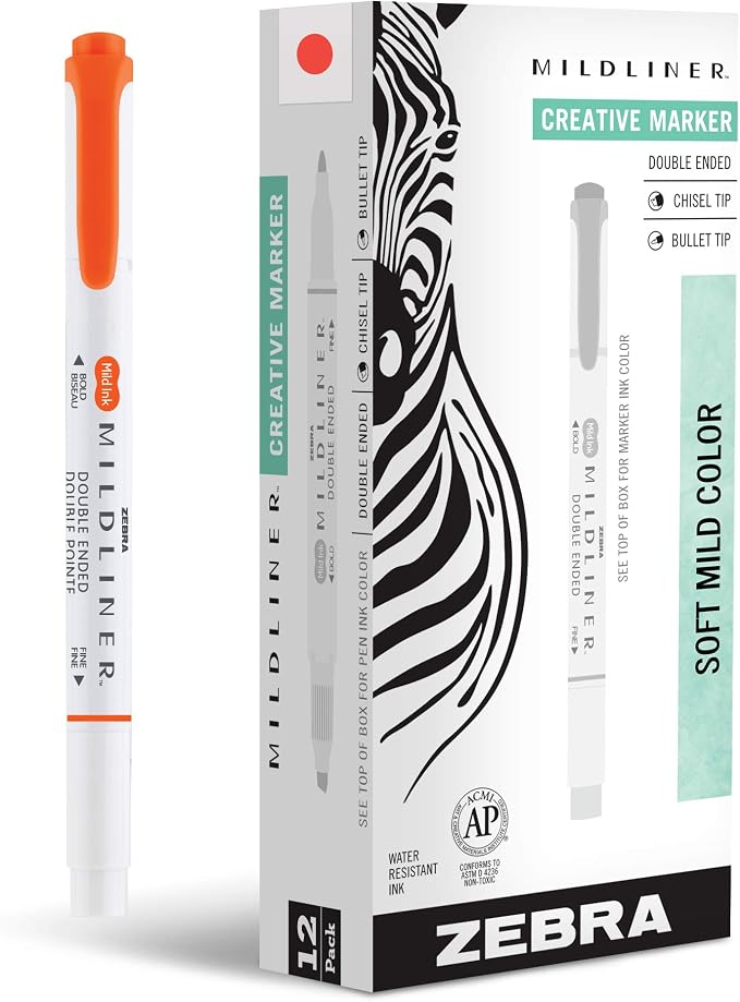 Zebra Pen MILDLINER No Bleed Highlighter, Marigold Color, Dual Tip, 12-Pack | Broad and Fine Point Tip Marker Set, Ideal for Bible Highlighting, Journaling, Office, School and Teacher Supplies (78490upc)