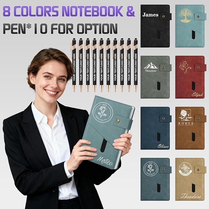 ENOMY Personalized Notebook & 10 PC Pens Set A5 Notebook with Ribbon Bookmark PU Leather Custom Notebook Cover for College Graduation Birthday Business Gifts, Brown