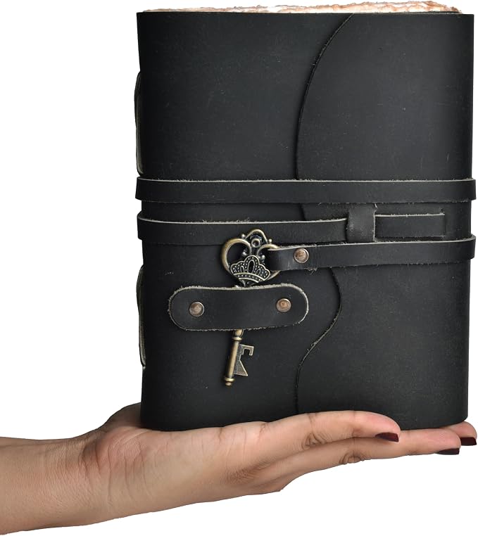 LEATHER VILLAGE Vintage Leather Journal – 200 Handmade Vintage Deckle Edge Paper – Leather bound Journal For Women Men – Vintage Key Closure - Book of Shadows - Black - 6X4 inches (A6)