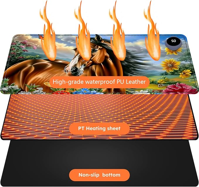 Heated Mouse Pad with 3 Levels Heated & 3 Hours Auto Shut-Off Mouse Pad for Warming Hands in Office Home, 23.6" x 14.2"Large Safe Desk Mat Hand Warmer，Fine Horse