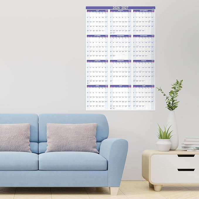 2026-2027 Yearly Wall Calendar - Calendar 2026-2027, July 2026 - June 2027 | Large Wall Calendar 26-27, 34.8"" x 22.8""(Open), Full Year Calendar Large, One Page Vertical with Round Stickers - Purple
