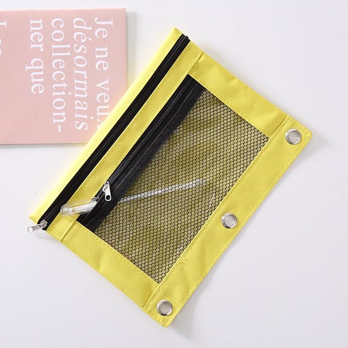 Pencil Pouch for 3 Ring Binder - 3 Hole Zipper Pen Case Bag Holder Bulk Accessories Clear Window Aesthetic Organizer Pockets