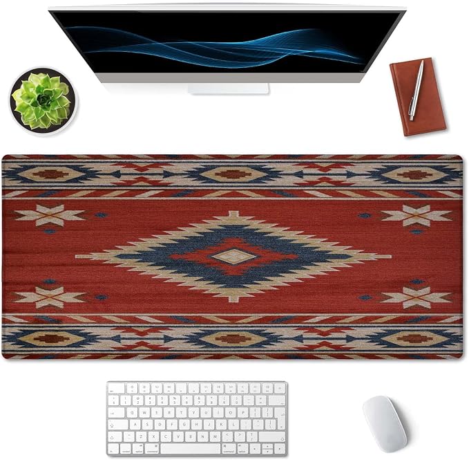 SSOIU Extended Gaming Mouse Pad (35.5x15.7 in), Large Stable Rubber Base Mousepad with Stitched Edges, Keyboard Mouse Mat Desk Pad for Work, Game, Office, Home - American Southwestern Tribal Pattern