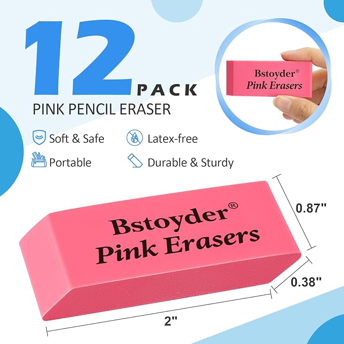 12 Rubber Pencil Erasers Bulk for School/Office, Latex-Free Smudge-Free Soft Bevel Erasers for Students, Bulk School Supplies for Classrooms, Teachers, Home, Office, Art Class