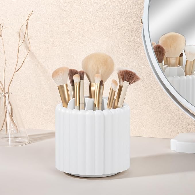 Rotating Makeup Brush Holder Organizer with Removable Dividers, White | 7 Slots Make Up Brush Organizer with Drawer 360 Spinning Cosmetic Storage Pen Holder for Desk, Vanity, Dresser