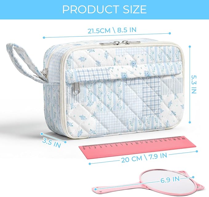 WOBAGMEN Quilted Pencil Pouch for Girls Women, Large Pencil Case Pouch with Compartments Cute Aesthetic Pencil Case Organizer, Floral Pencil Bag for School Supplies (Blue Patchwork)