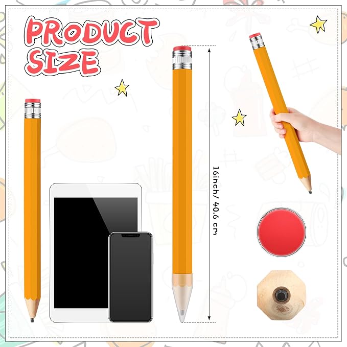 16 Inch Wooden Large Jumbo Pencils Giant Big Funny Wood Pencil with Cap and Eraser Fun Novelty Gifts for Kids School Kindergarten Home Office Prop Supplies (Yellow)