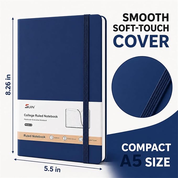 SUIN Hardcover-Journal-Notebooks, A5 Lined Journals Notebook for Writing 200 Pages, 8.2 x 5.5 inch, Classic Ruled Notebooks for Work/Travel/College (Navy Blue- 6 Pack)