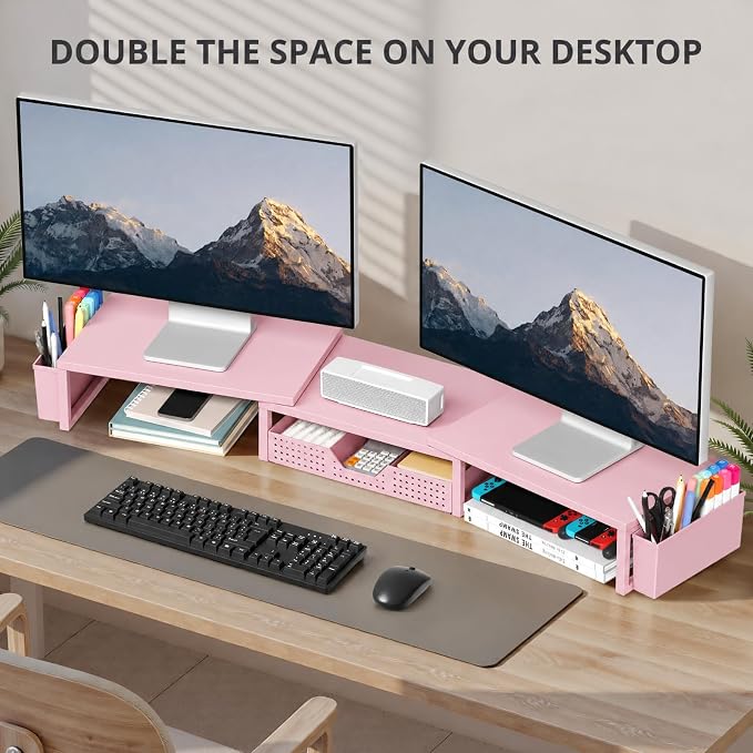 OPNICE Desk Organizers and Accessories, Dual Monitor Stand Riser with Drawer and 2 Pen Holders, Desk Shelf Wood Computer Racks for Office Workspace Organizers, Desktop Organization (Pink Wood)