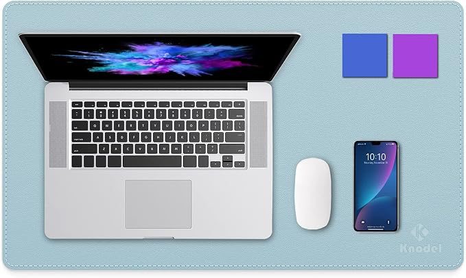 K KNODEL Small Sewing Leather Desk Mat, Desk Pad (Light Blue, 23.6"x13.8") | Mouse and Keyboard Pad, PVC Computer and Laptop Mat, Desktop Protector and Cover, Writing Pad and Blotter for Home Office