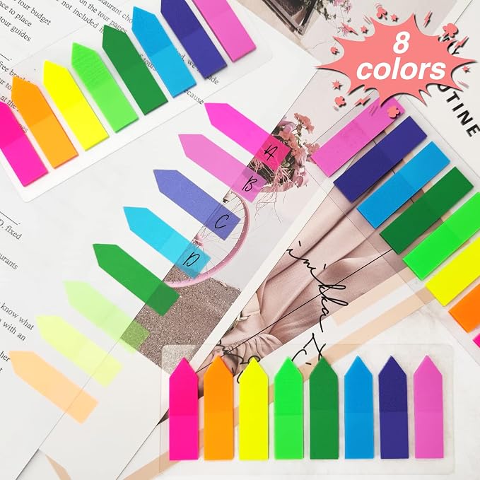 KICNIC Page Markers Colored Sticky Tabs 800 Pcs, Translucent Arrow Flags for Page Marking, Fluorescent Index Tab Stickers for Notebooks, Small Sticky Notes Flags [8 Colors, 4 Sets]