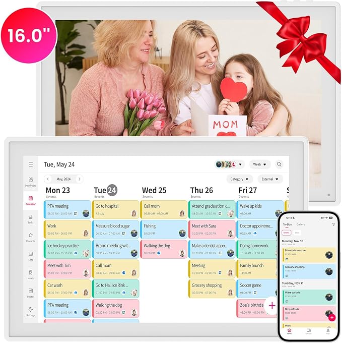 16" Smart Digital Calendar, Wall Desk Mount Planner with Google iCloud Sync, Touchscreen Family Organizer for Chore Chart, Meal Planning & Task Rewards（White）