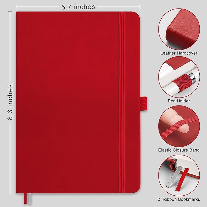RETTACY Graph Grid Paper Notebook, 192 Pages, A5 Size (5.7'' x 8.3'') | 5 Squares per Inch, Leather Hardcover, 100 GSM Thick Paper, for School, Students, Math, Engineering (Red)