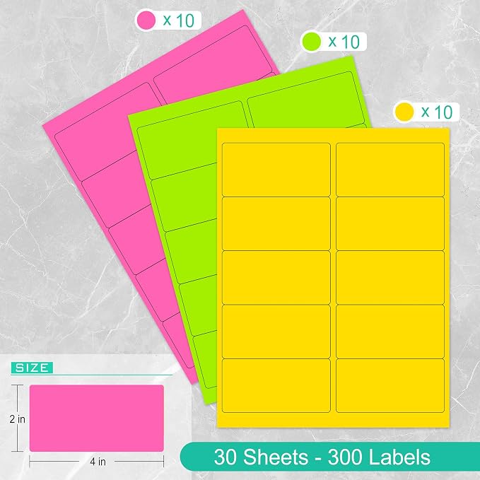 LLIKED 300 Fluorescent Address Labels 2" x 4" - Bright Neon Shipping Stickers for Packages, Envelopes and Organizing - Laser & Inkjet Printer Compatible - Green, Yellow, Pink - 30 Sheets