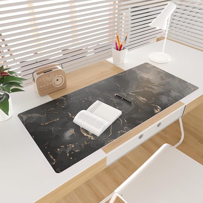 Colorful Star Black Marble Large PU Leather Mouse Pad, 31.5" x 11.8" | Waterproof Non-Slip Computer Gaming Desk Mat, XXL PC Laptop Protector Pads, Desk Writing Pads for Office Home