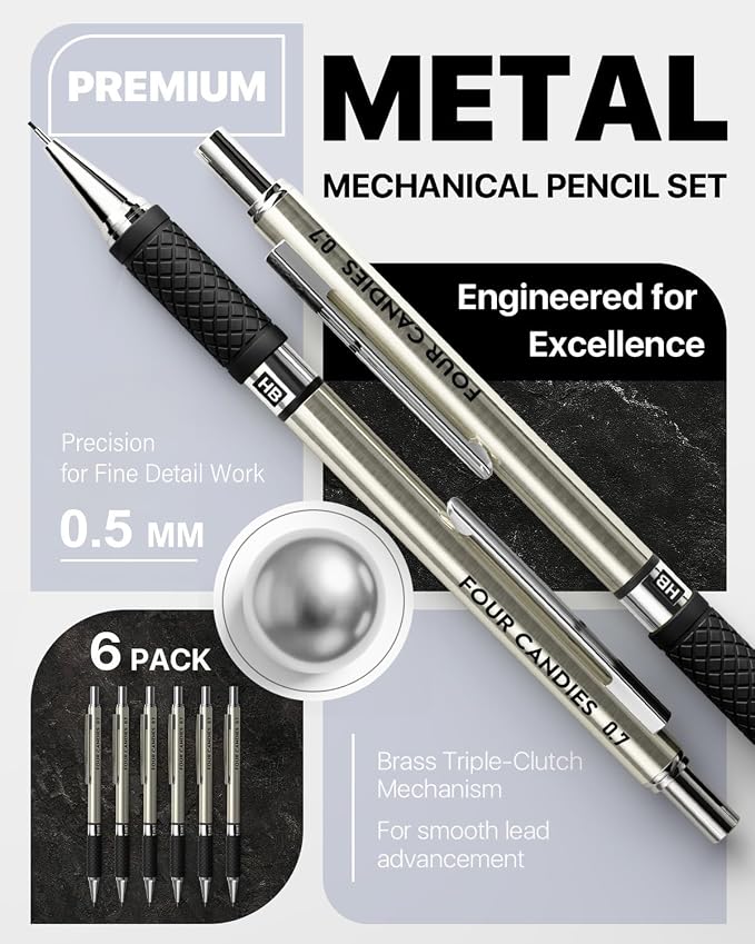 Metal Mechanical Pencil Set, 0.5mm Fine Point, 6-Pack with Storage Case | 360 Leads, 3 Erasers+9 Refills, Non-Slip Grips, For School Writing, Sketching, Art Drawing & Professional Drafting