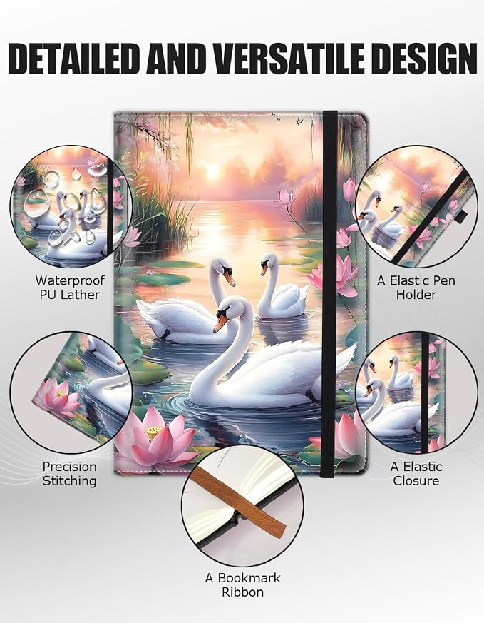 Hardcover Executive Notebooks, A5 PU Leather Lined Journal Notebook, 200 Pages Thick Paper Subject Notebooks for School,Work,Home Writing Business Notebook, Diary Book ，White Swan and Lotus