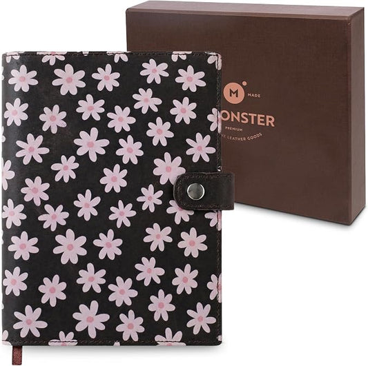 moonster Refillable Leather Journal Embossed UV Floral Cover Design Journals with Pen – Milled A5 Leather Journal Lined Paper - Journals for Women – Vintage Journal - 320 Pages