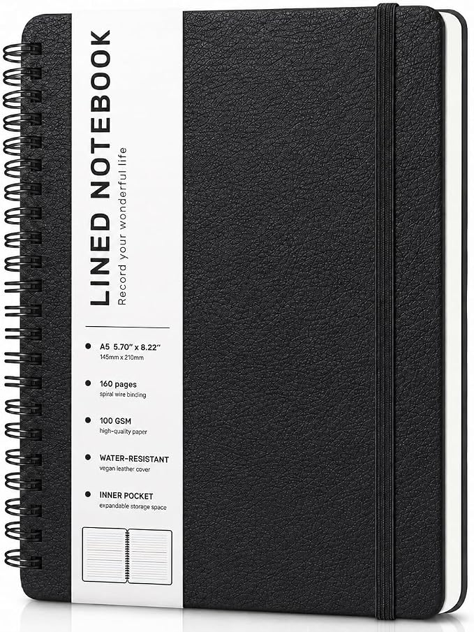 ABERLLS Lined Spiral Journal Notebook with 160 Pages, 8×5.7in, A5 Spiral Notebook, Journaling Notebooks for Work, School, Women, Men, College Ruled Spiral Notebook, Hardcover Leather Journals, Black
